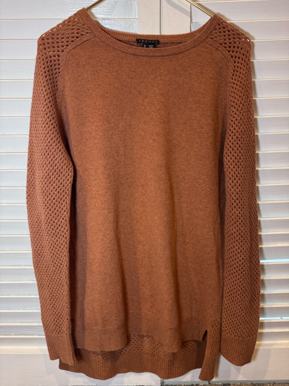 Theory 100% Wool Sweater Rust Open Knit Detail Size S